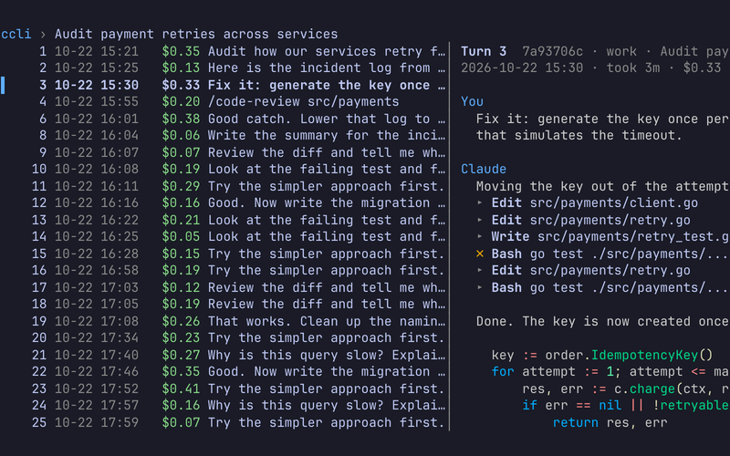 The ccli viewer: a session's turns with their cost on the left, and turn 3 on the right with the prompt, the tool calls and the reply