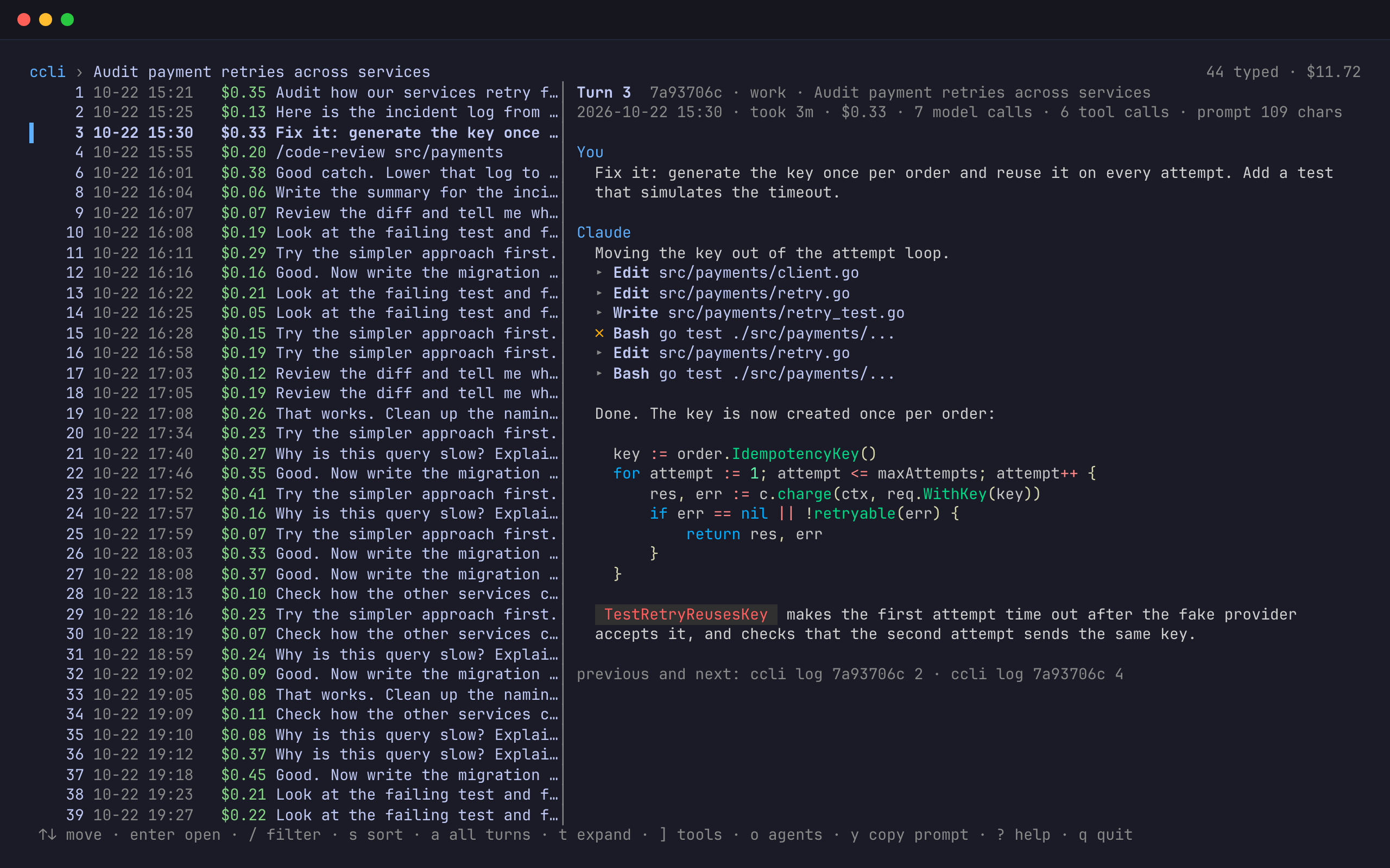 The ccli viewer: a session's turns with their cost on the left, and turn 3 on the right with the prompt, the tool calls and the reply
