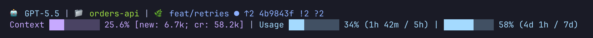 The statusline in Codex mode: GPT-5.5, the folder and git on the first line, then a context bar at 25.6 percent with new and cache-read tokens, and the usage bars