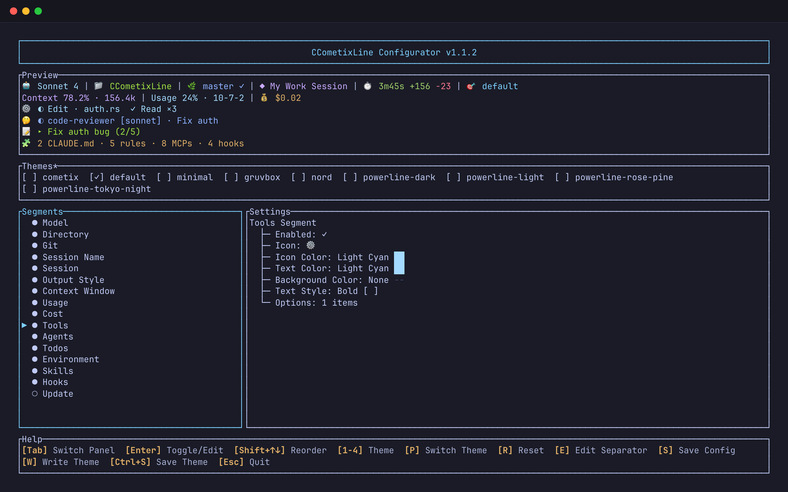 The CCometixLine configurator: a six-line preview, the theme list, the sixteen segments with Tools selected, and the Tools segment's settings