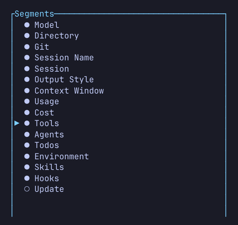 The configurator's segment list: sixteen segments, fifteen on and Update off, with Tools selected