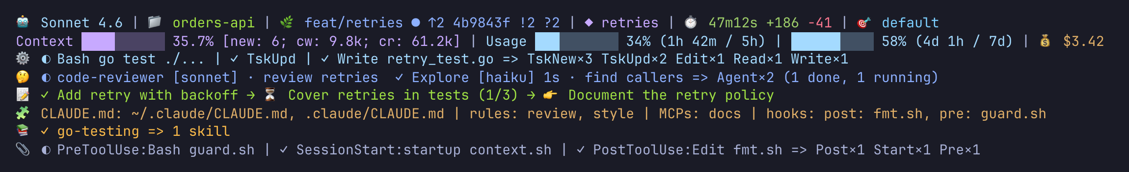 The full statusline, eight lines: model, folder, git, session name, time and output style; context, usage and cost; tools; agents; todos; environment; skills; hooks