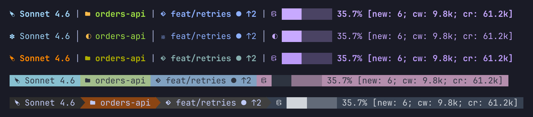 Five one-line statuslines in the cometix, minimal, gruvbox, nord and powerline-dark themes, each with the model, the folder, git and the context bar