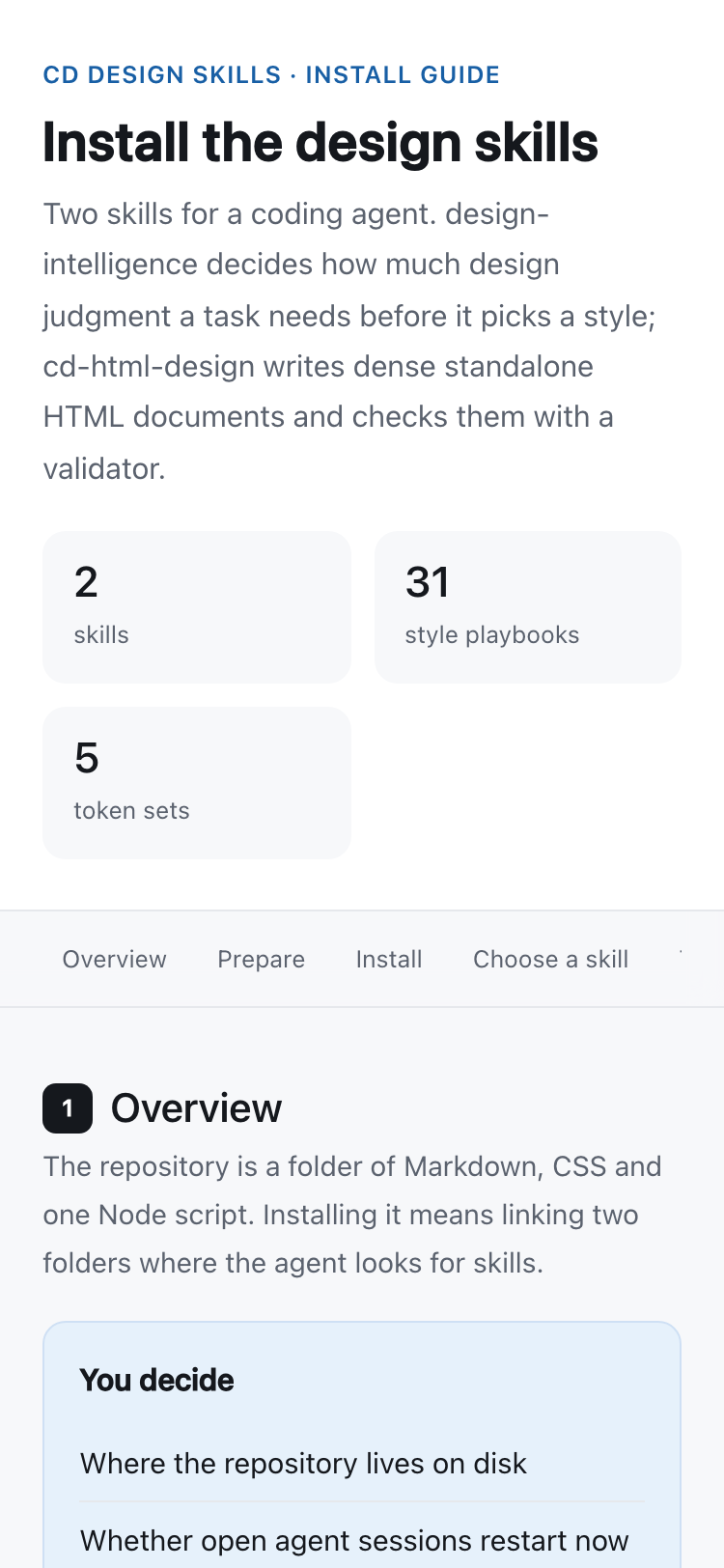The filled install guide on a 375-pixel phone: the title, the lead, the summary numbers in two columns and the section bar