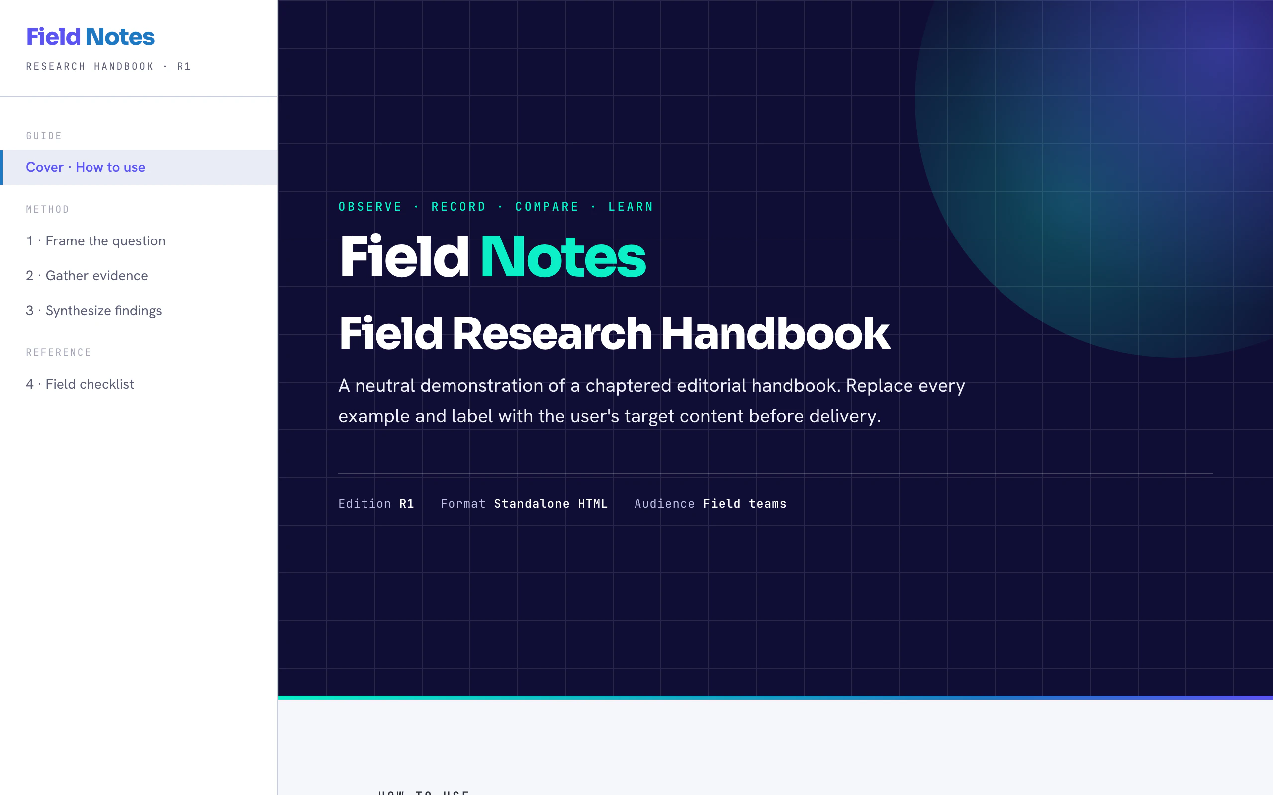 The editorial handbook template from cd-html-design, with chapter navigation on the left and a dark cover panel