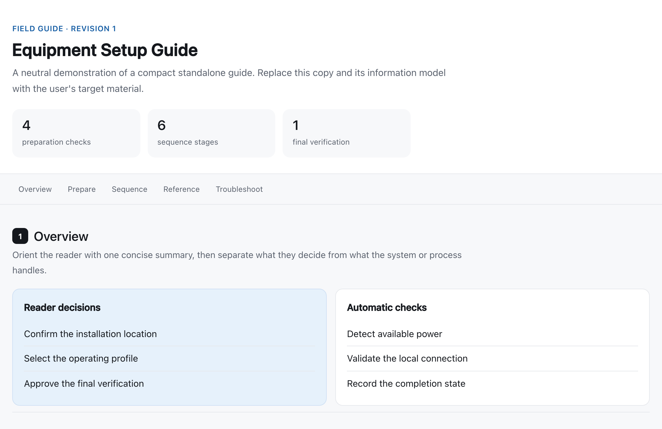 The light-document template as it ships: an equipment setup guide with three summary numbers, a section bar and an overview of reader decisions and automatic checks