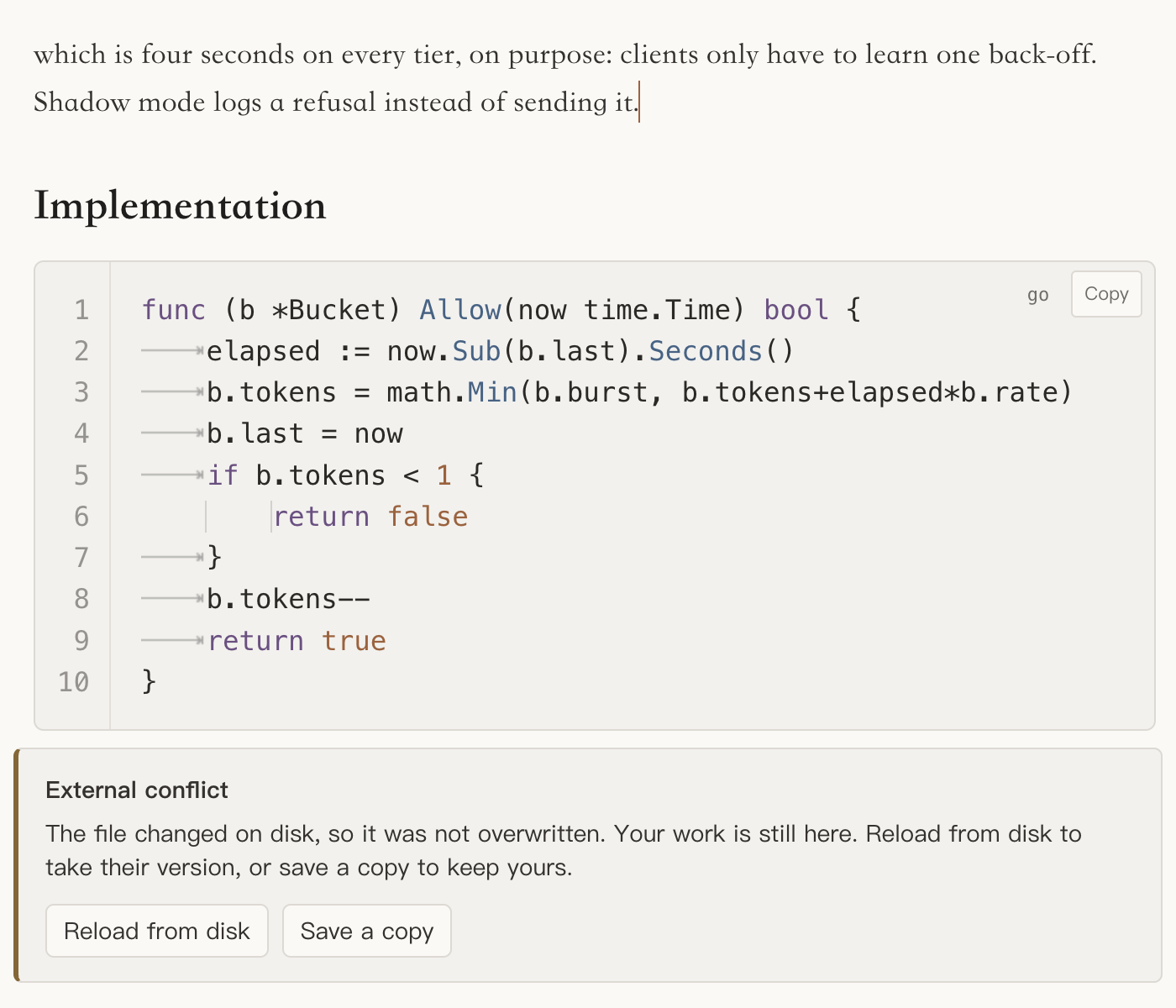 Noto with an unsaved sentence typed at the end of a paragraph and a Go code block below it. At the bottom, a panel titled External conflict says the file changed on disk, so it was not overwritten, and offers two buttons, Reload from disk and Save a copy.