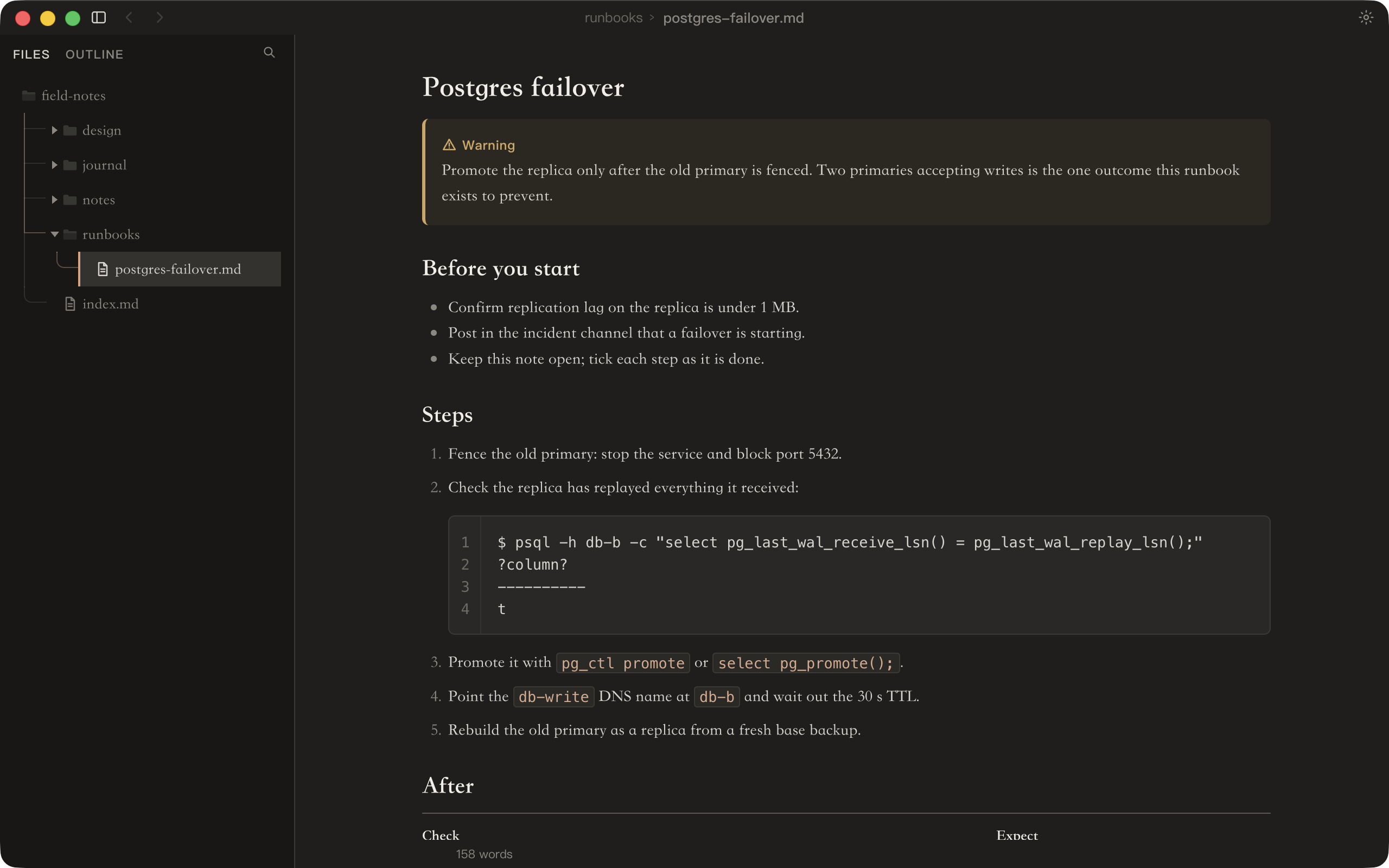The same runbook in the dark theme, with the same layout on a dark background.
