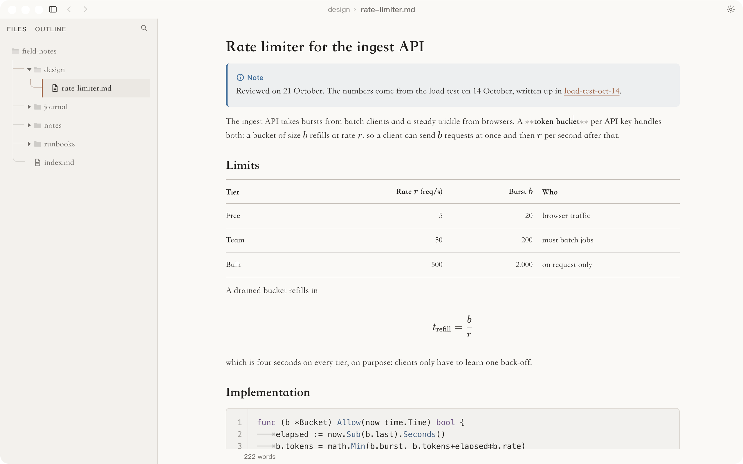 Noto with the file rail open on a rate limiter design note. The caret is in a paragraph, so only that paragraph shows its bold markers; the callout, table and display math above and below stay formatted.