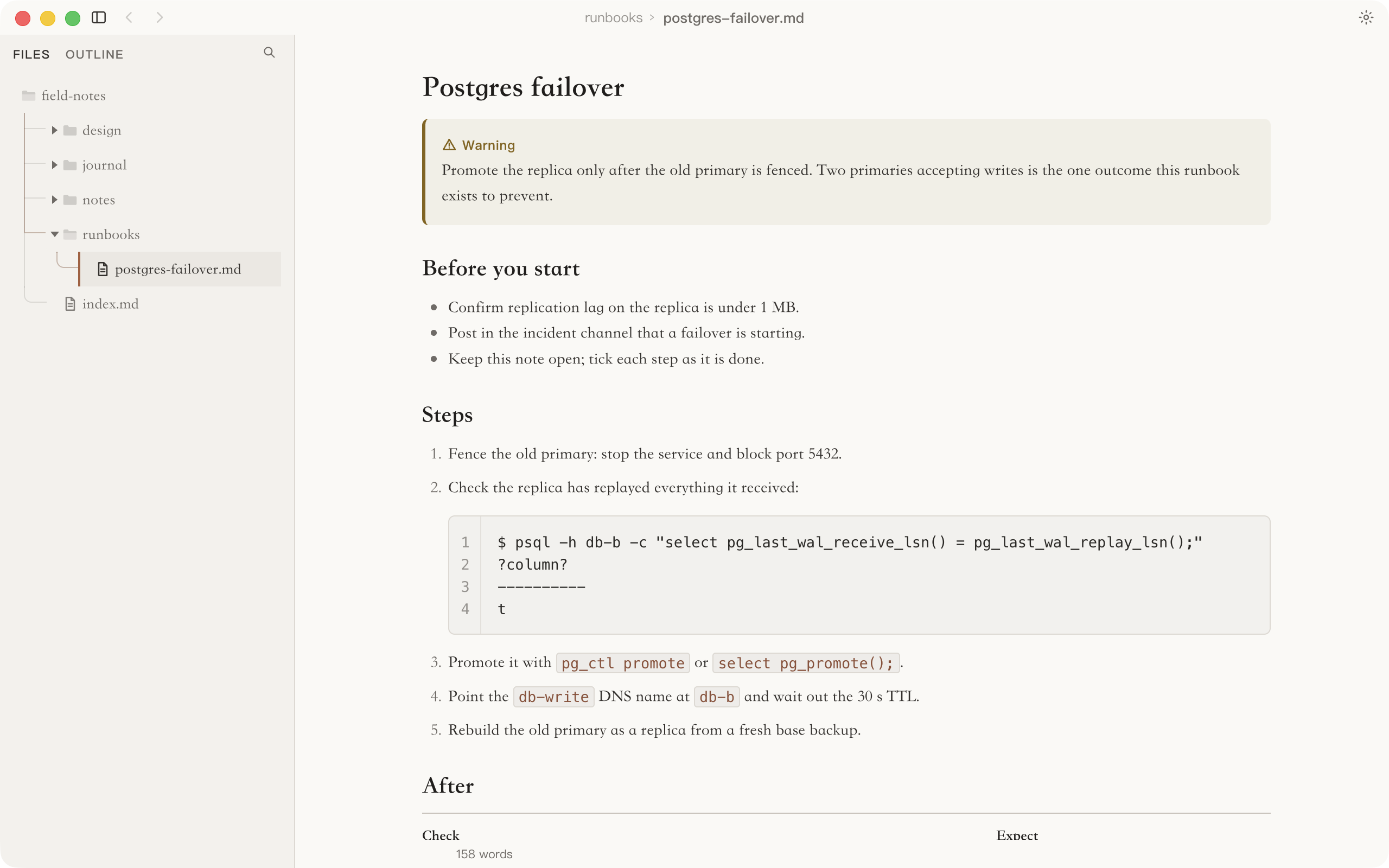 A Postgres failover runbook in Noto's light theme, with a warning callout, a bulleted list, numbered steps holding a psql command and its output, and the start of a table.