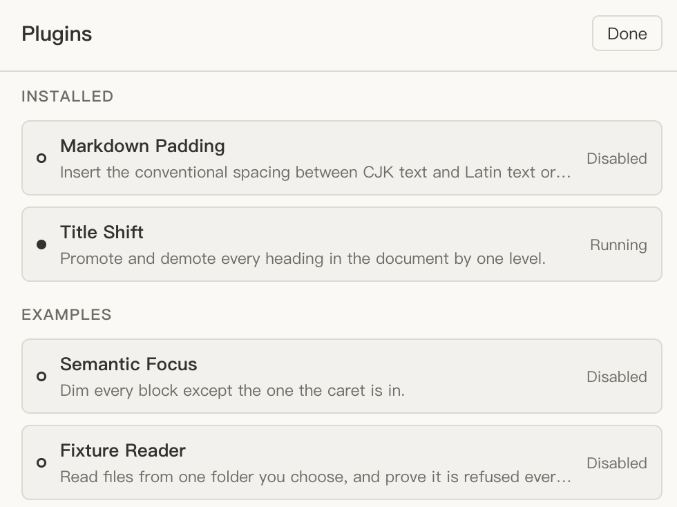 The Plugins page of Noto's Settings. Under Installed, Markdown Padding is disabled and Title Shift is running. Under Examples, Semantic Focus and Fixture Reader are disabled.