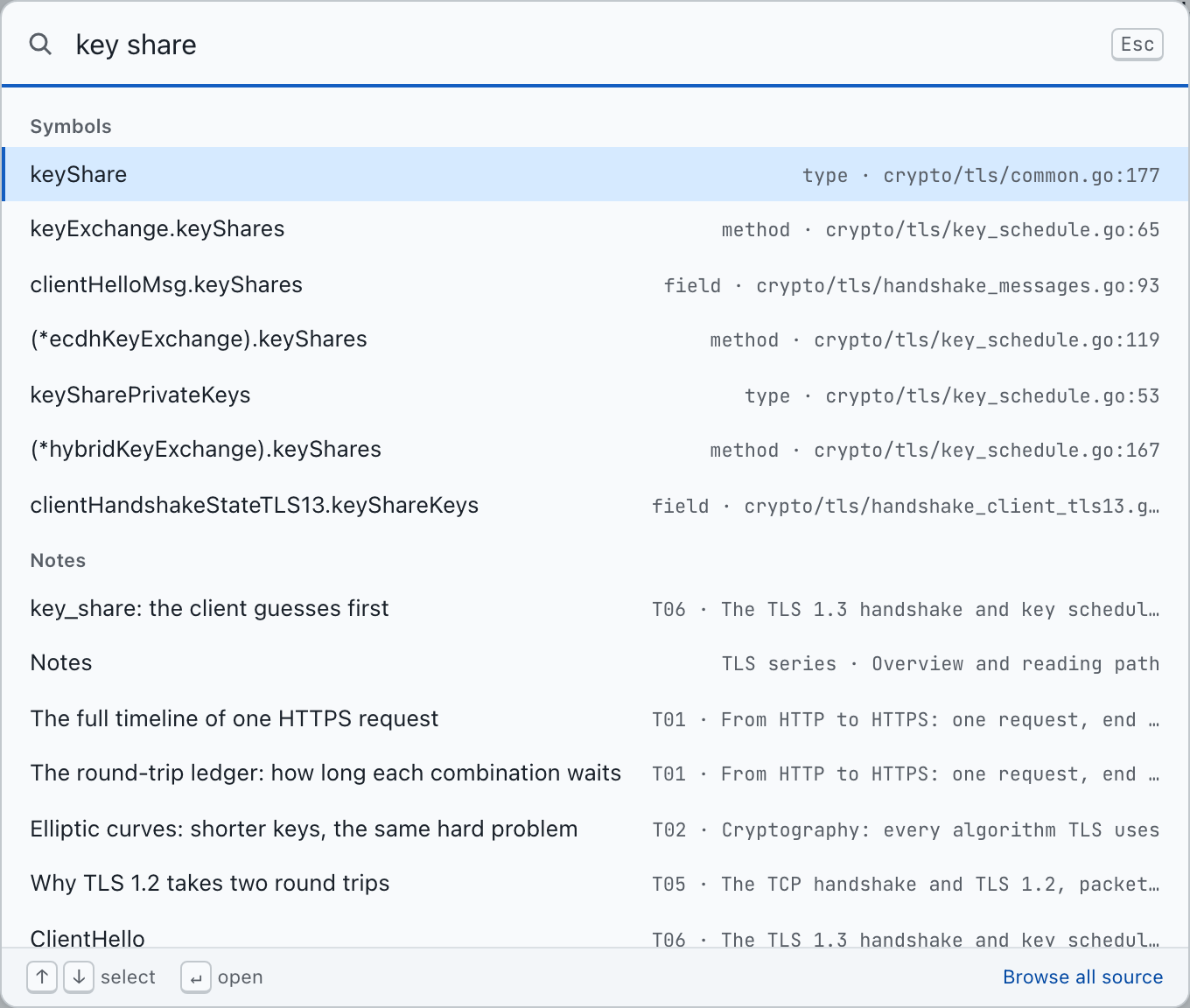 The search palette with the query key share, listing Go symbols with their files and matching note sections