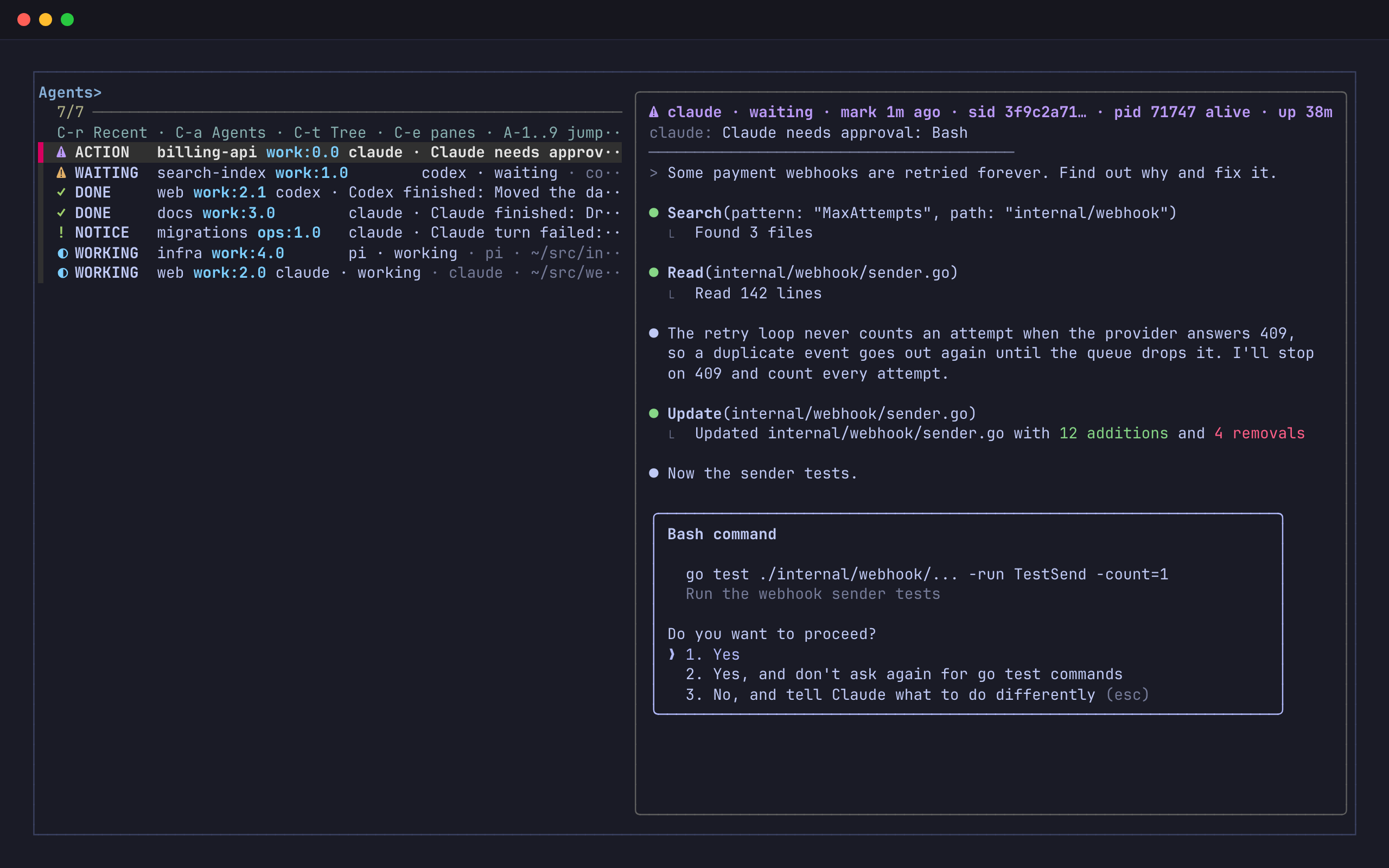 The tmux-radar Agents board: seven agent panes ordered by state, with a live preview of a Claude Code pane that waits for approval to run go test