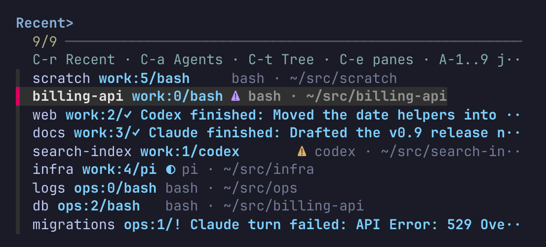 The Recent view: nine windows in most-recently-used order, each with its location, pane title, agent badges and working directory