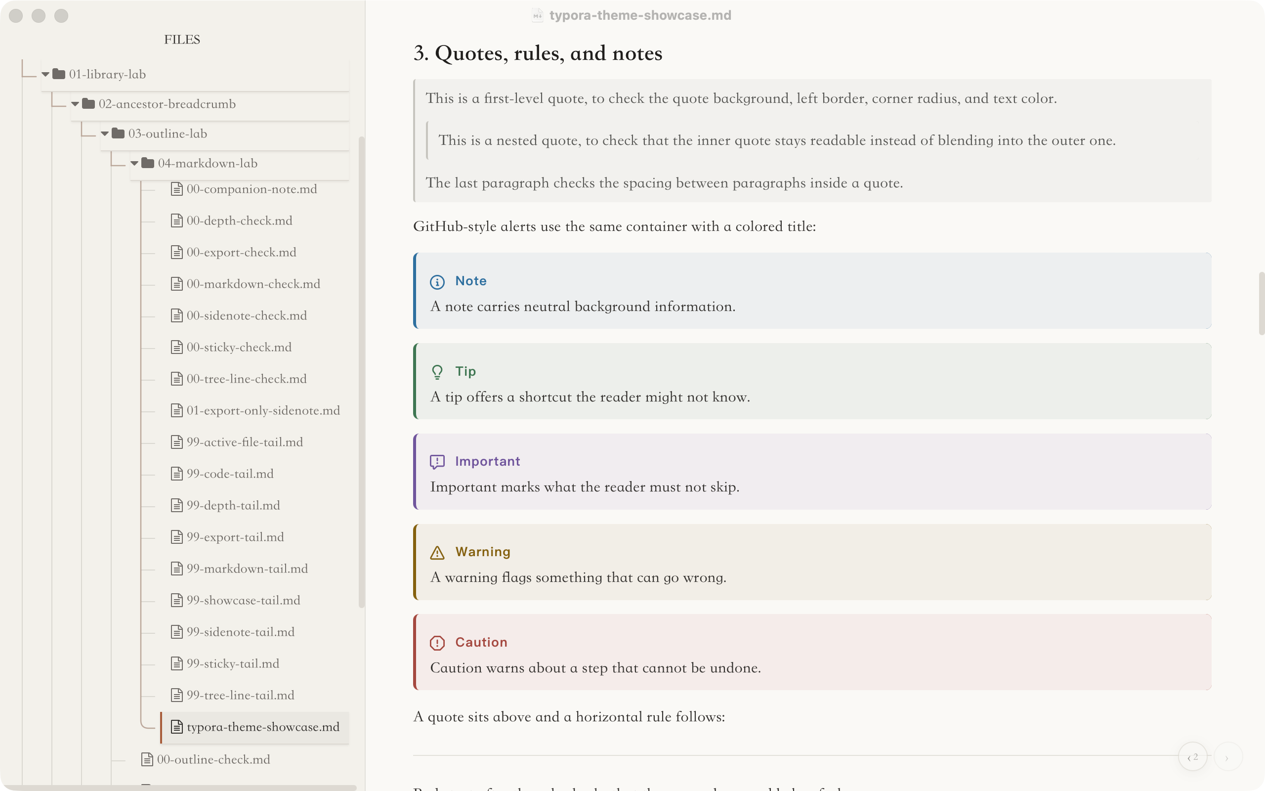 Typora with the Claude-like light theme. On the left the file tree is scrolled; four ancestor folders stay pinned at the top, and the open file, typora-theme-showcase.md, is marked with an accent bar. On the right a quote is followed by five GitHub-style alerts, Note, Tip, Important, Warning and Caution, each in its own muted colour.