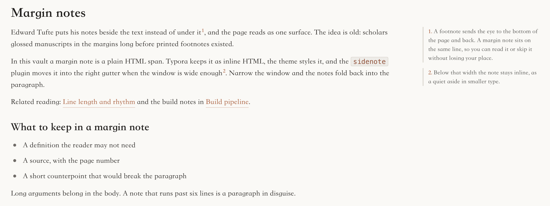 A note called Margin notes in a wide Typora window. Two numbered notes sit in the right margin beside the paragraphs they belong to, in smaller grey type behind a thin rule; the body shows only superscript numbers.