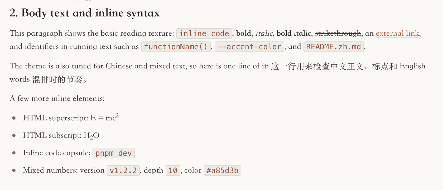 A section titled Body text and inline syntax in the light theme. Running serif text holds inline code in small rust-coloured capsules, bold, italic, strikethrough and an underlined link; a line of mixed Chinese and English follows, then a list with a superscript, a subscript and version numbers in code.