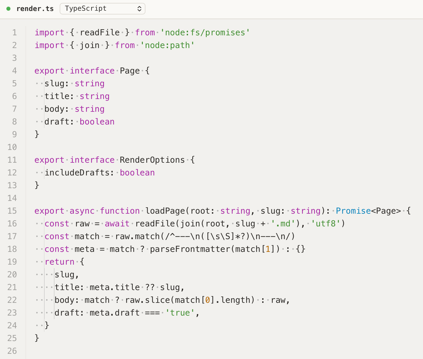 A read-only view in Typora of a TypeScript file called render.ts, with a language picker set to TypeScript. Every line has a number; spaces show as faint dots and nested lines have thin vertical indent guides.