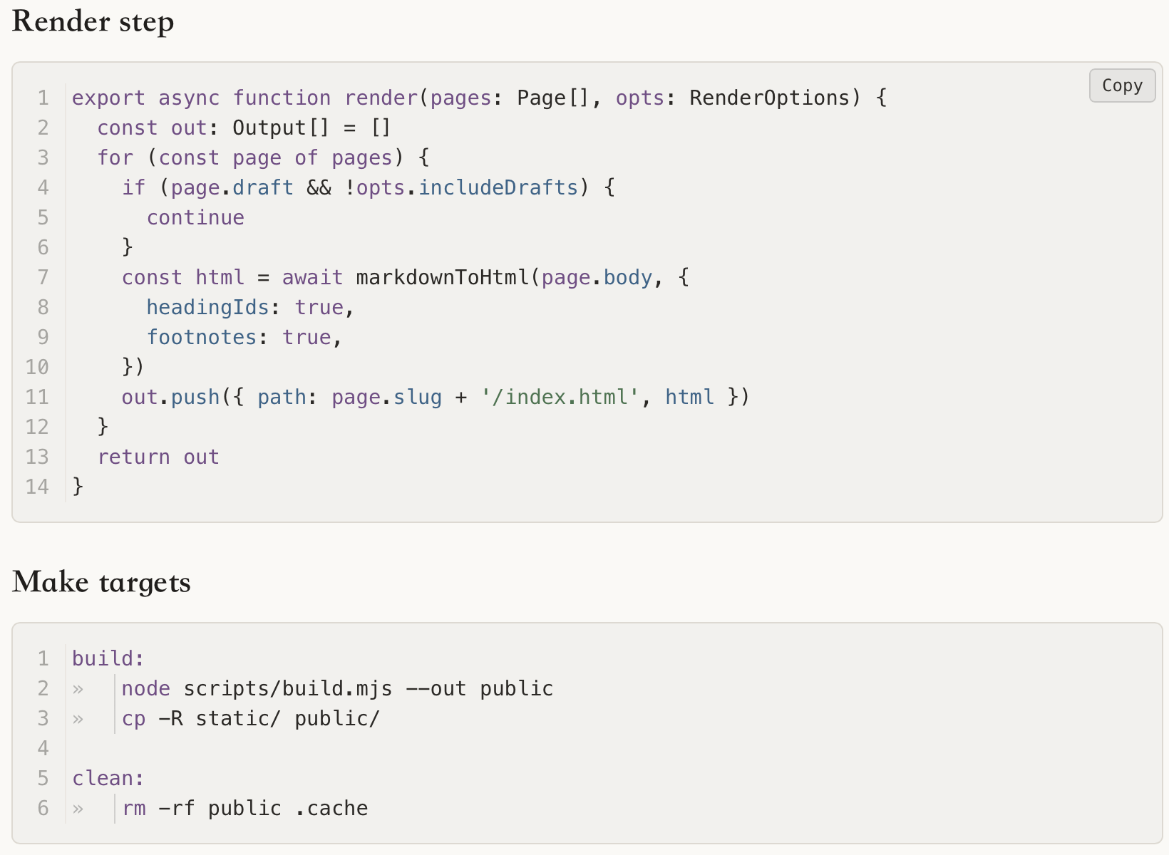 A note called Build pipeline in Typora. A TypeScript code block has line numbers 1 to 14 in a narrow gutter and a Copy button in its top right corner. A Makefile block below shows each leading tab as a small arrow followed by a thin vertical guide.