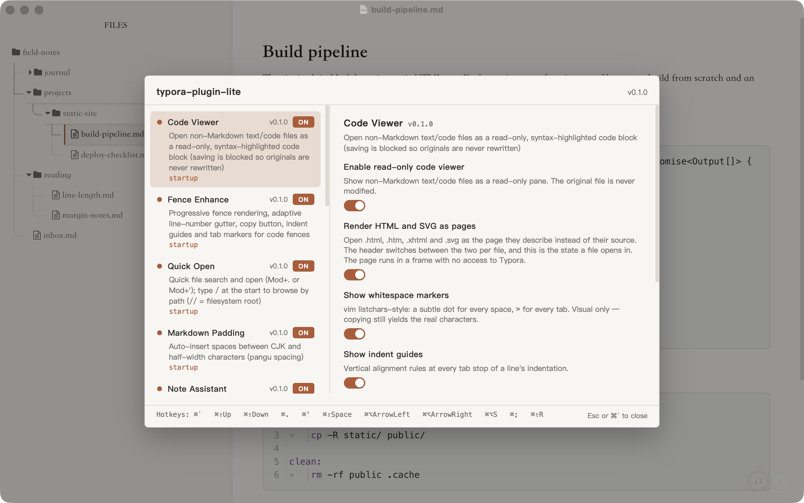 Typora on macOS with the Plugin Center open over a note called Build pipeline. The left column lists plugins such as Code Viewer, Fence Enhance, Quick Open and Markdown Padding, each with a version and an ON switch; the right column shows Code Viewer's settings as switches; the footer lists every plugin hotkey.