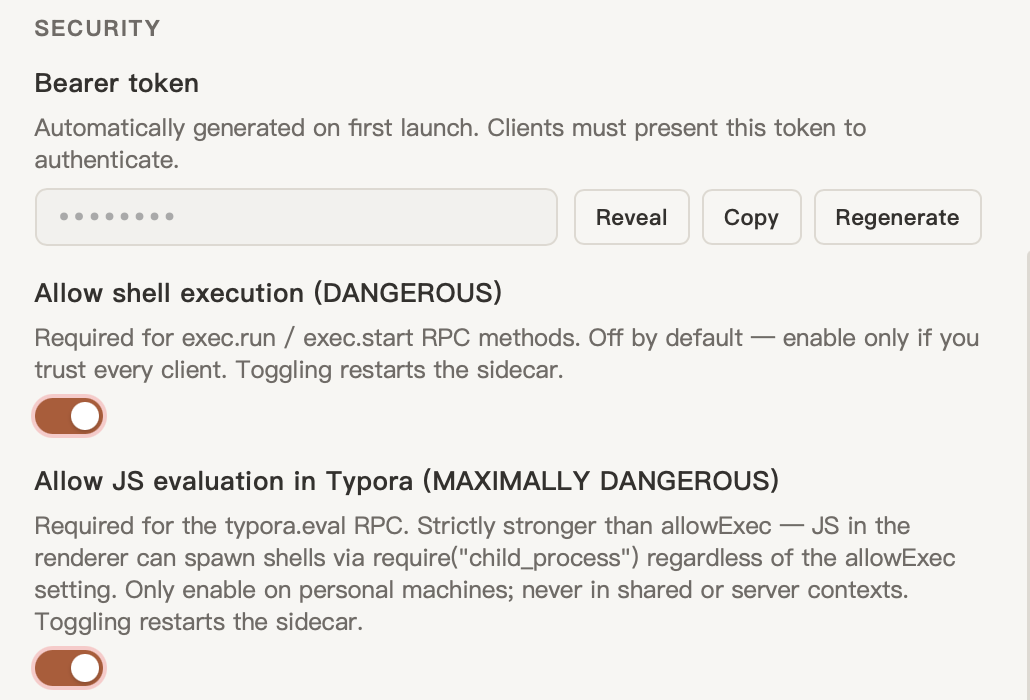 The Security section of Remote Control's settings in the Plugin Center: a masked bearer token with Reveal, Copy and Regenerate buttons, then two switches, Allow shell execution (DANGEROUS) and Allow JS evaluation in Typora (MAXIMALLY DANGEROUS), each with a paragraph explaining the risk.