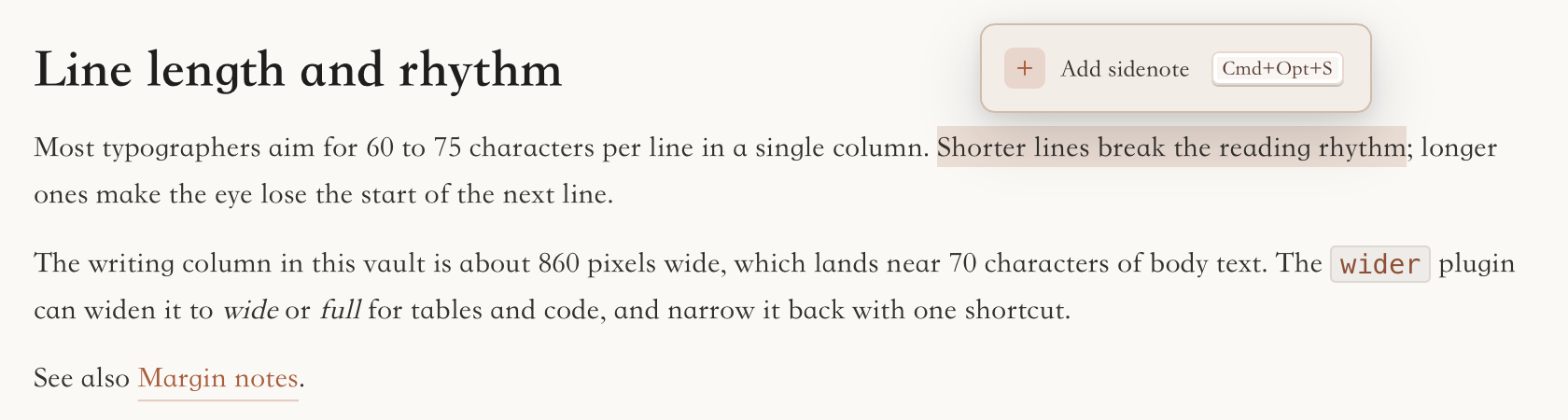 Typora with the words Shorter lines break the reading rhythm selected in a paragraph. A small floating menu above the selection holds a plus button, the label Add sidenote and the shortcut Cmd+Opt+S.