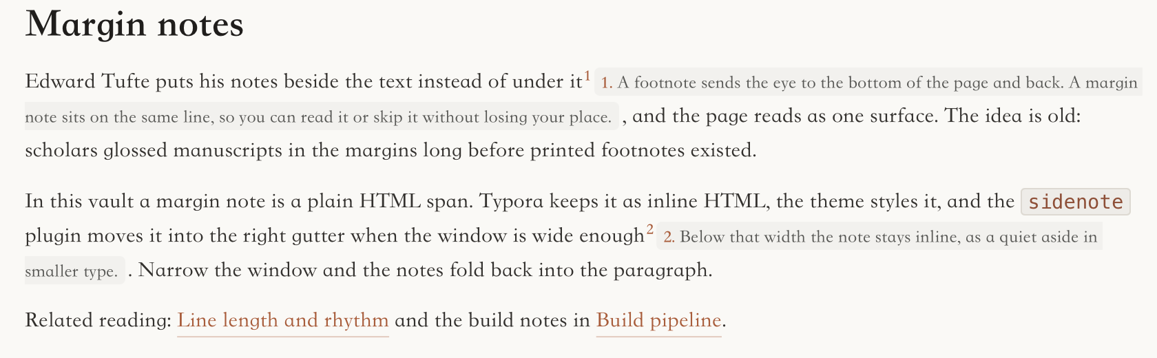A paragraph in Typora that ends with Related reading: Line length and rhythm and the build notes in Build pipeline. Both titles are drawn as underlined links in the accent colour. Two margin notes sit inline in the paragraphs above.